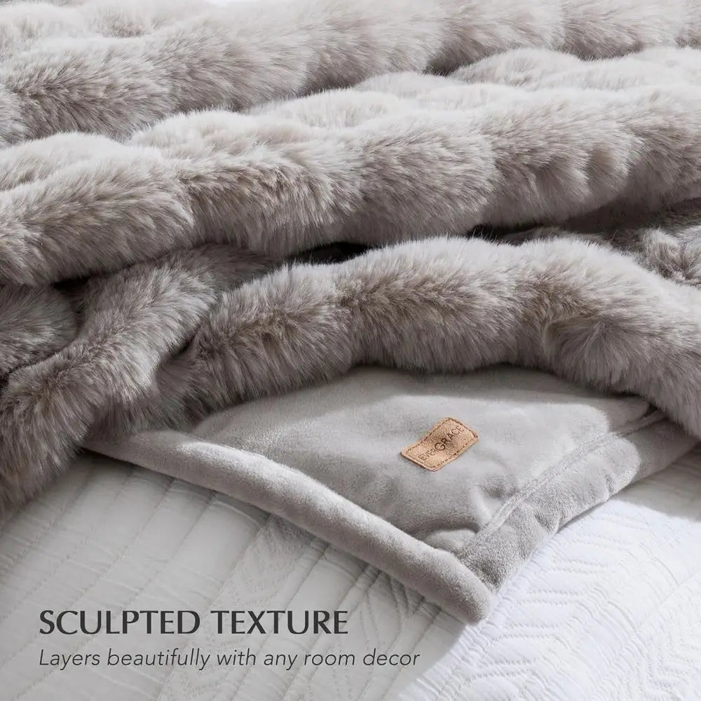 Soft Luxury Fluffy Faux Rabbit Fur Throw Blanket, Thick Warm Bubble Throw for Bed, Cozy Plush Reversible Blankets for Couch, Cha