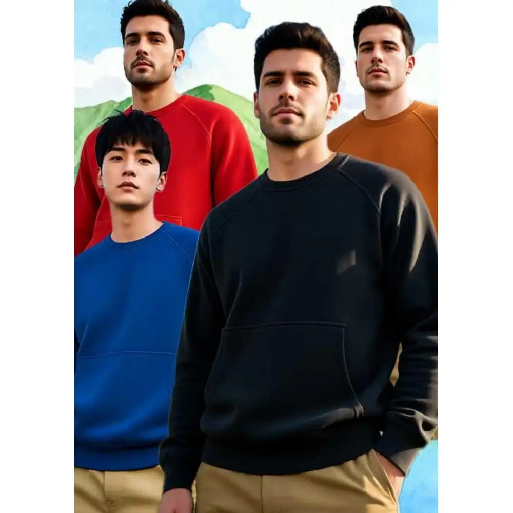 Four piece men's round neck hoodie fleece pullover set offers eight colors of soft cotton blend hoodie