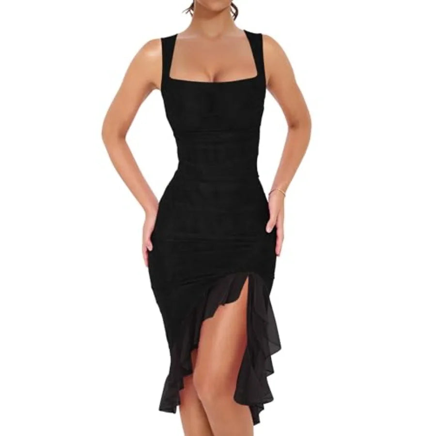 Women's Sexy Ruched Bodycon Midi Dresses Square Neck Sleeveless Ruffle Hem Club Party Tank Dress