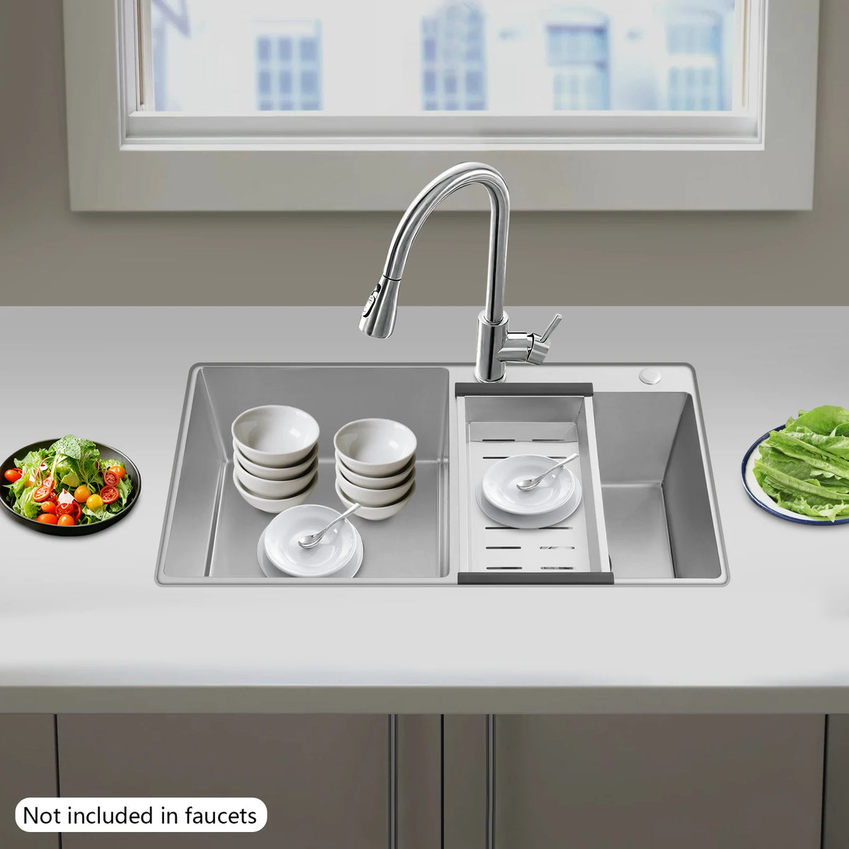 Sturdy Stainless Steel Kitchen Sink, 37.4*38Cm Large Capacity Double Bowl Kitchen Sink, With V-Shaped Drainer,Drain Basket
