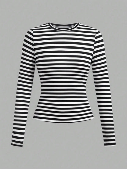 3-Pack Women's Long Sleeve Striped & Solid Round Neck Tees - Slim Fit Fall Tops