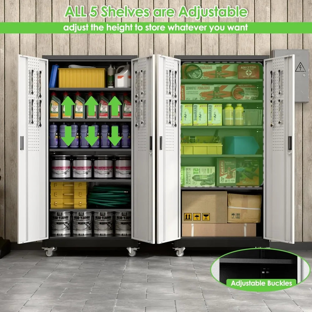 Adjustable Shelves Metal Garage Storage Cabinet with Wheels, 71 Tall, Lockable Doors, and Pegboard for Garage Organization