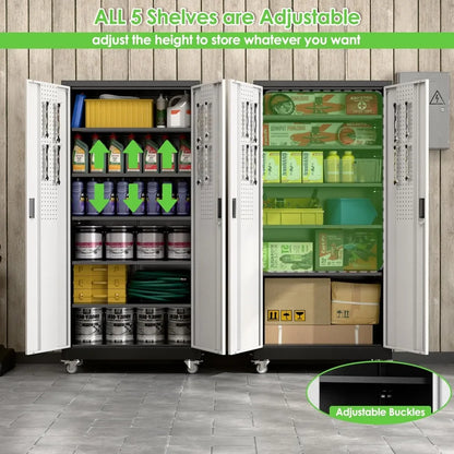 Adjustable Shelves Metal Garage Storage Cabinet with Wheels, 71 Tall, Lockable Doors, and Pegboard for Garage Organization