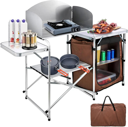 VEVOR Portable Camping Kitchen Table, Aluminum Folding Cook Station with Windscreen, Storage, Carrying Bag, Quick Setup for Outd