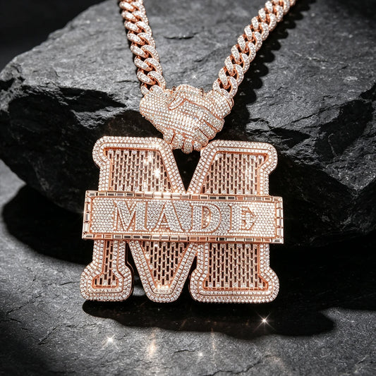 Hip Hop Charm 18K Rose Gold Plated Sparkling Statement Jewelry 3D Layered Design For Rapper Street Fashion Unisex Iced Out 3D Handshake M MADE Letter Pendant Cubic Zirconia Bling Accessory Party Club Daily Wear Fine Jewelry G