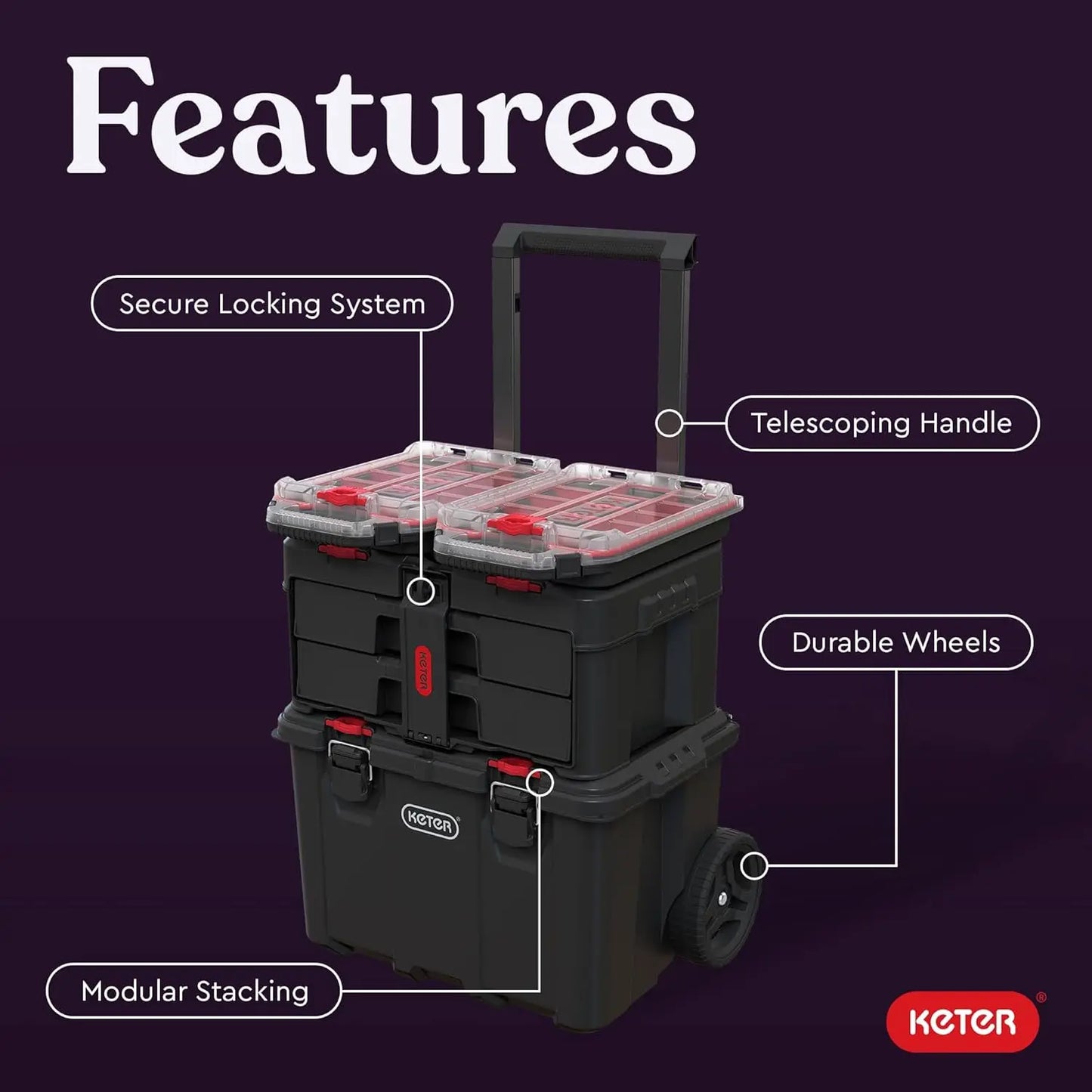 Modular Rolling Tool Organizer System with 4-Piece Storage Boxes for Garage and DIY Projects, Black