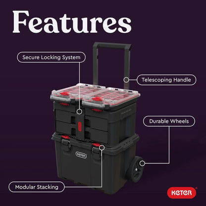 Modular Rolling Tool Organizer System with 4-Piece Storage Boxes for Garage and DIY Projects, Black