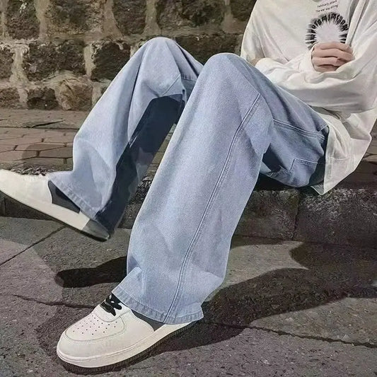 Spring Autumn Men Baggy Jeans Oversize Straight Loose Casual Denim Trousers Solid Color Streetwear Fashion Y2k Wide Leg Pants