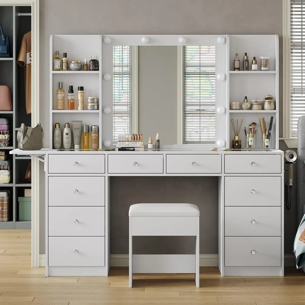"LED-Illuminated Makeup Vanity Desk with Mirror, Power Outlet, and Ample Storage"
