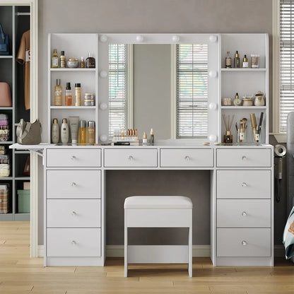 "LED-Illuminated Makeup Vanity Desk with Mirror, Power Outlet, and Ample Storage"