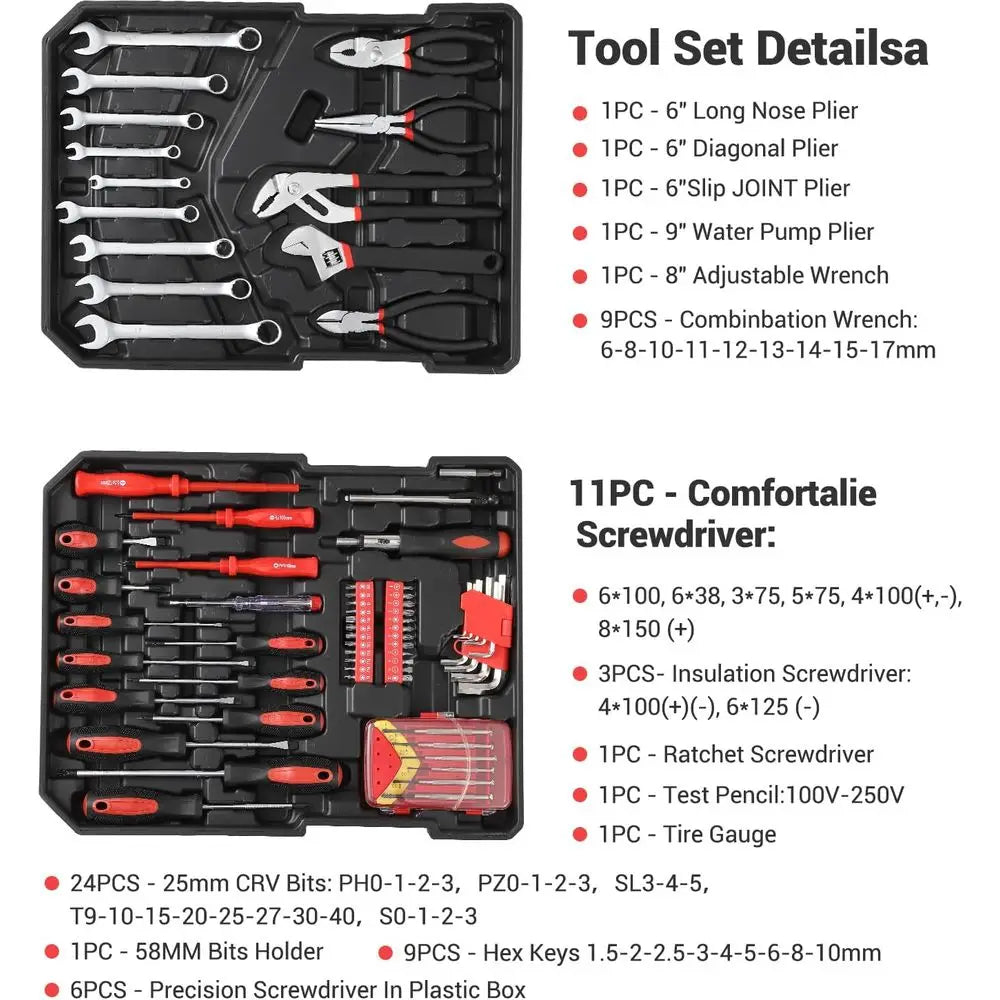 Piece Tool Kit with Rolling Tool Box, Socket Wrench Hand Tool Set Mechanic Case Trolley Portable House Repair Kit Set