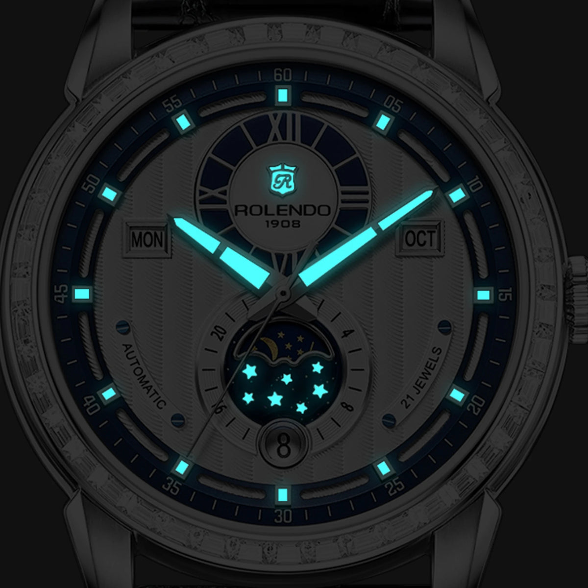 ROLENDO High-end Diamond-set Automatic Watch for Men 43mm Mineral Crystal Luminous Full Calendar Leather Strap 5ATM Luxury Gift