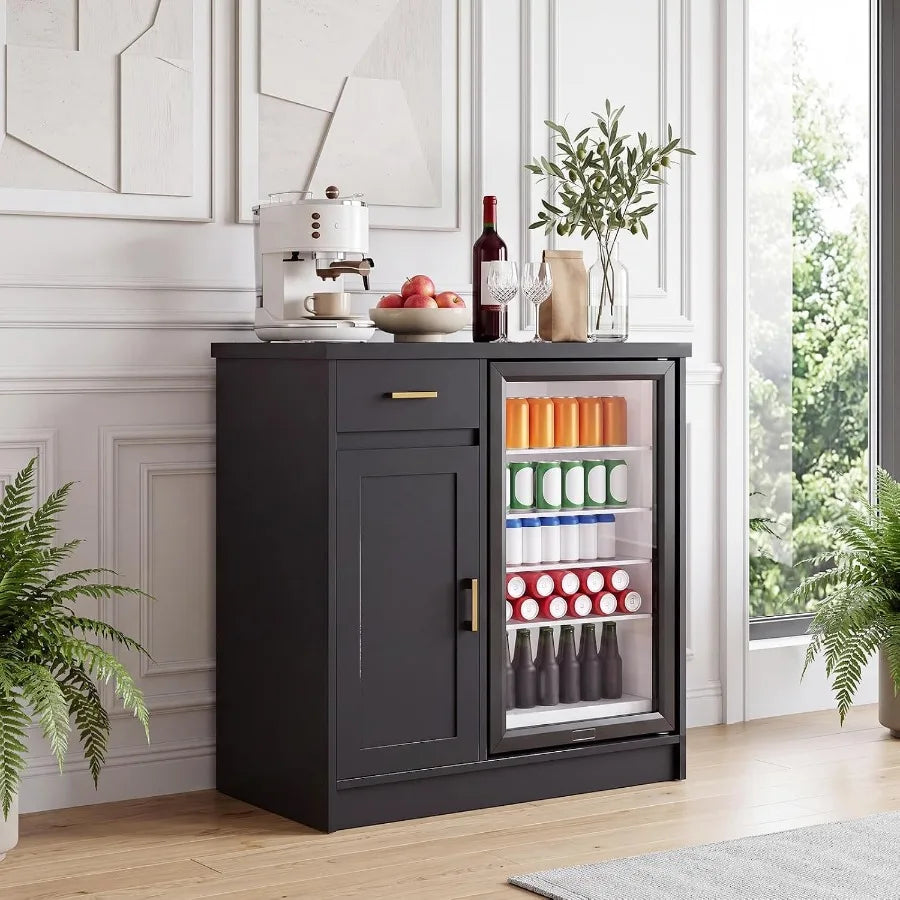 Farmhouse Coffee and Wine Bar Cabinet, 42" Home Bar with Mini Fridge Space Fits 24" Fridge - Storage Buffet Cabinet - Built-in