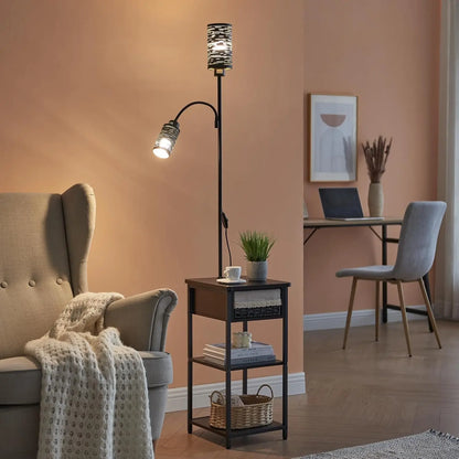 Floor Lamp with End Table, Wicker Drawer & Shelf, 2 Bulbs Included, Small Space Nightstand for Bedroom, Living Room