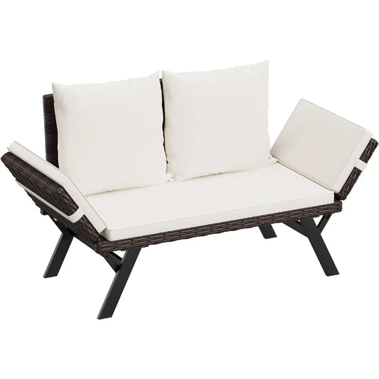 Flamaker Outdoor Convertible Sofa, Woven Rattan Patio Furniture Sunbed with Adjustable Armrests, Removable Cushions and Pillows