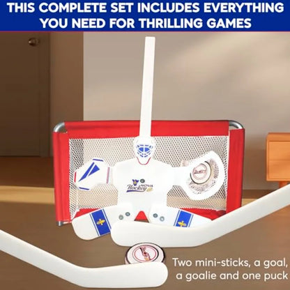 Nova Hockey Complete Set Table/Floor Hockey Game Goalie Net with 1 Puck and 2 Sticks in White for Indoor Outdoor Use