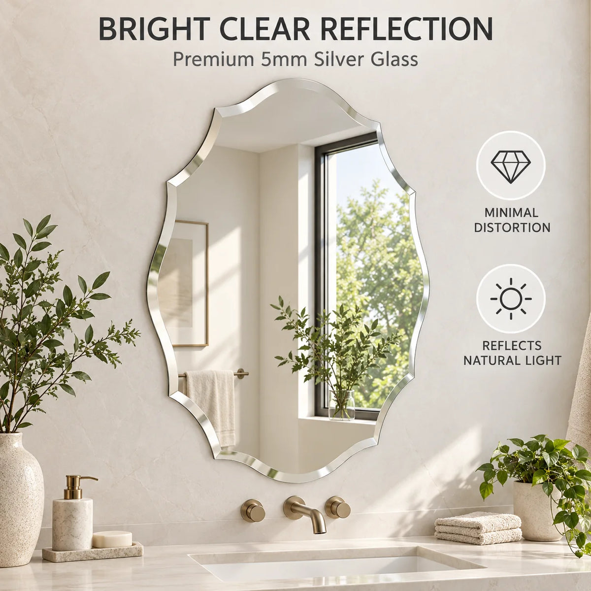 Irregular Wall Mirror Frameless Asymmetrical Decorative Vanity Mirror Wall Mounted for Bathroom Bedroom Living Room Hallway