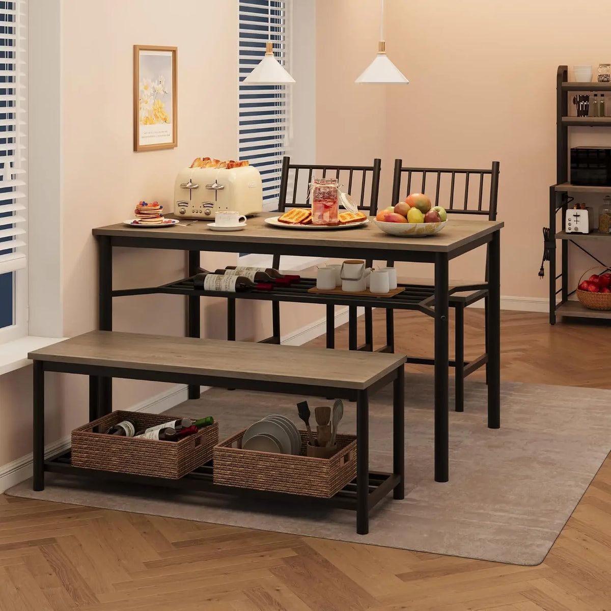 4-Piece Dining Table Set for 4 – Includes Bench & Chairs, Built-in Storage, Space-Saving Design for Apartments and Dining Rooms, Gray