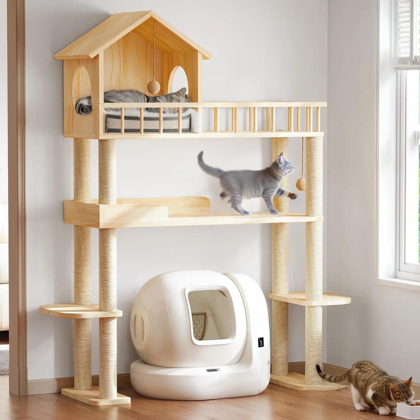Tall Solid Wood Cat Tree with Litter Box Enclosure, Multi-Level Cat Furniture with Scratching Post and House