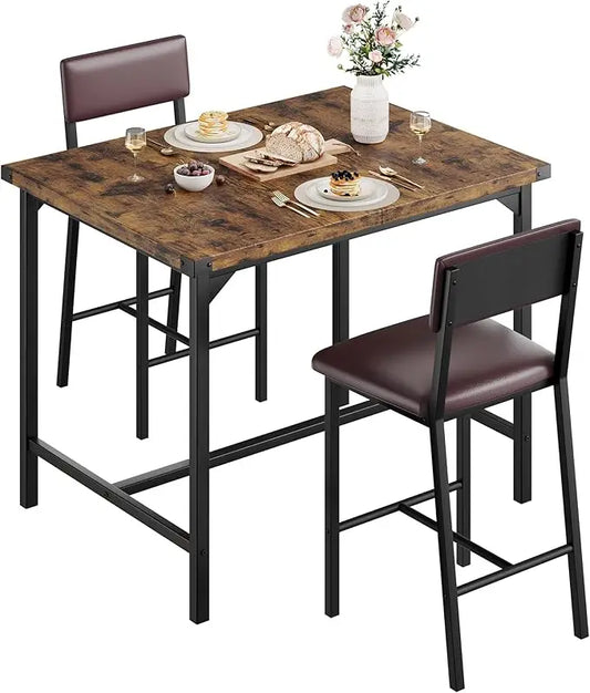 Dining Table Set for 2 with Footrest & Corner Protector, with 2 Upholstered Bar Stools for Dining Room, Apartment, Pub