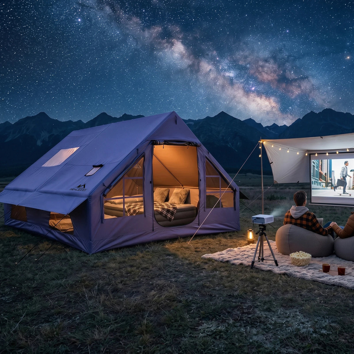 SENLEETO 129 Square Feet Black Coating Inflatable Tent Luxury Glamping House Tent 4-8 Person 4 Season Blow Up Camping Tent with Stove Jack AC Port Air Tent with Moisture-proof Mat and Fireproof Mat