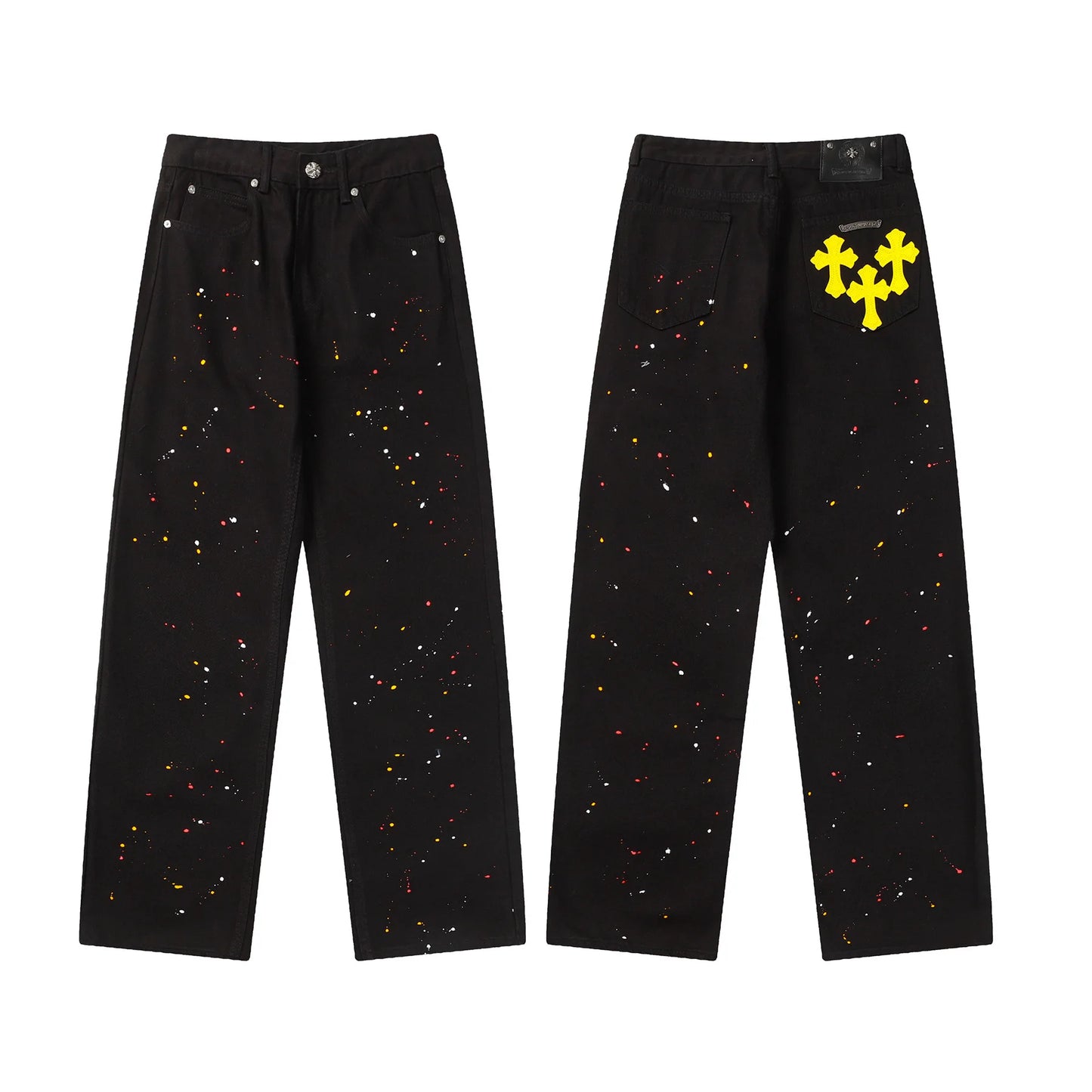 Classic Luxury Brand Men Women Leather Jeans Totem Patch Casual Pants Fashion Metal Embellished Couple Wear 2025