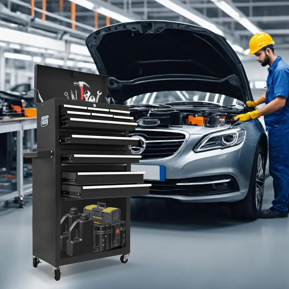 2-in-1 Rolling Tool Chest with Lockable Metal Cabinet, Detachable Drawers, and Wheels for Garage Workshop (Black)