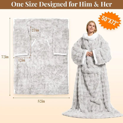 Heated Blanket, Luxury Faux Fur & Sherpa Electric Throw Blanket with Sleeves, Foot Pockets, Heated Robe for Women Men Gift, 3 He