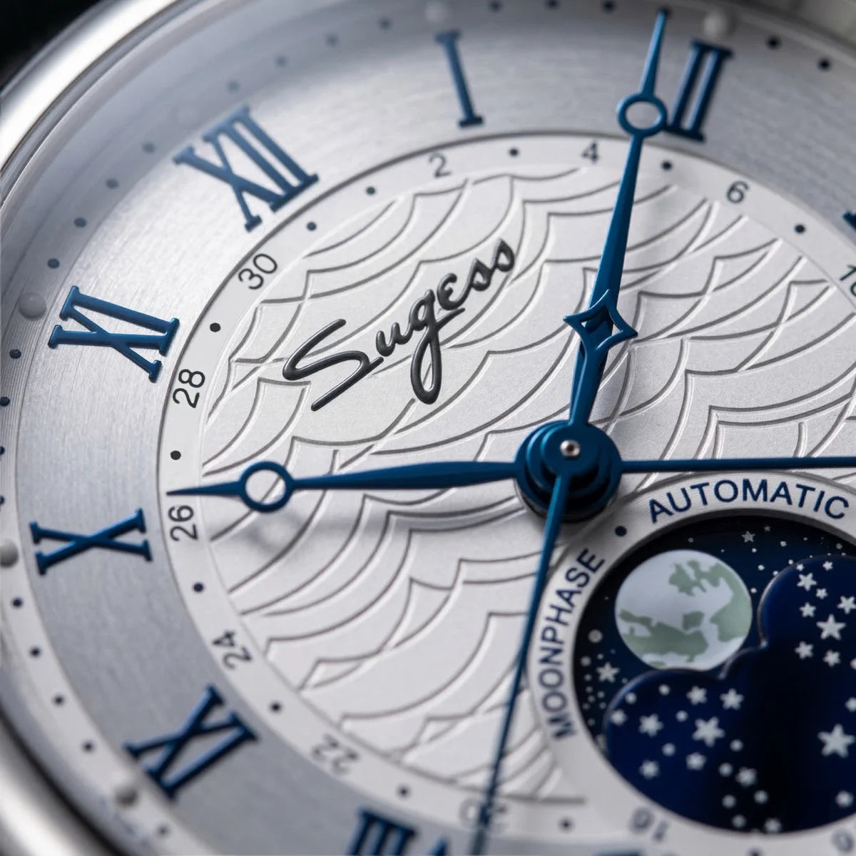 Sugess Watches for Men Automatic Mechanical Watch Moonphase Tianjin ST2108 Waterproof Date Hands Sapphire Crystal Rome Wave Dials S395