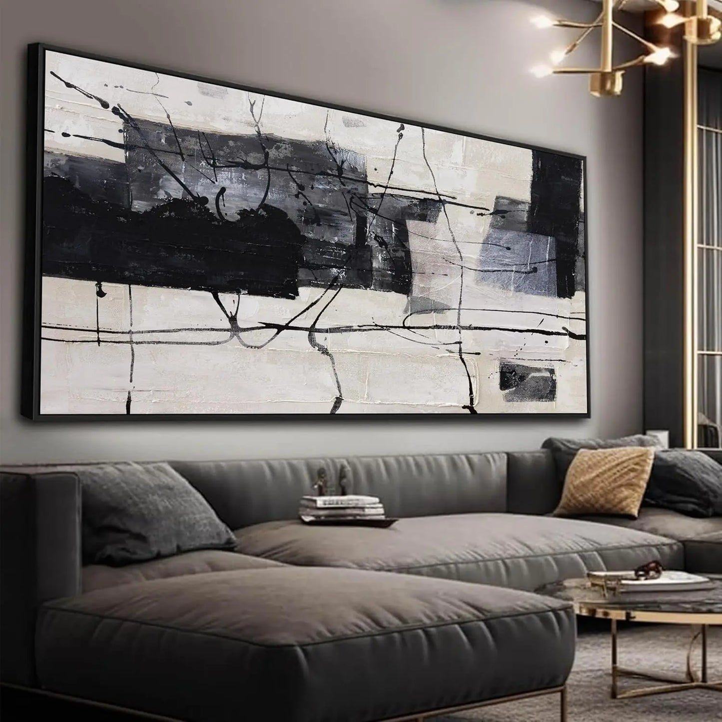 Large Abstract Wall Art Black White Canvas Painting Modern Home Decor 29x58 Inch Framed Artwork for Living Room Bedroom