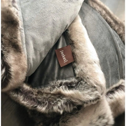Luxury Faux Fur Throw Blanket Super Soft Oversized Thick Warm Afghan Reversible to Plush Velvet in Tan Grey Wolf, Cream Mink or