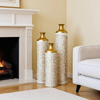 Modern Style 3-Piece Metal Vase Home Decoration Set Glazed White With Droplet Shape Large Floor Size Elegant Home Decor USA