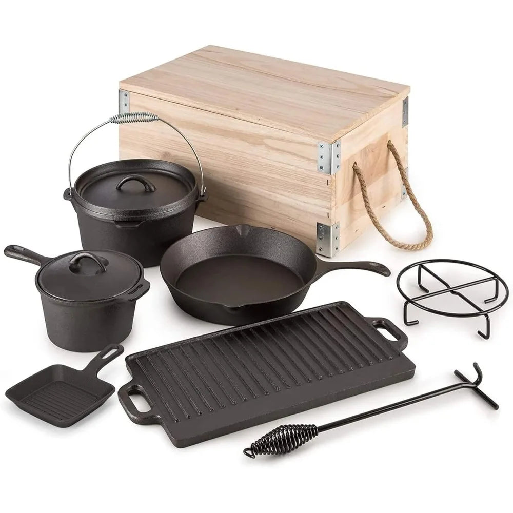 8 piece cooking set Cast iron camping cookware with vintage carrying wooden box for outdoor family BBQ baking