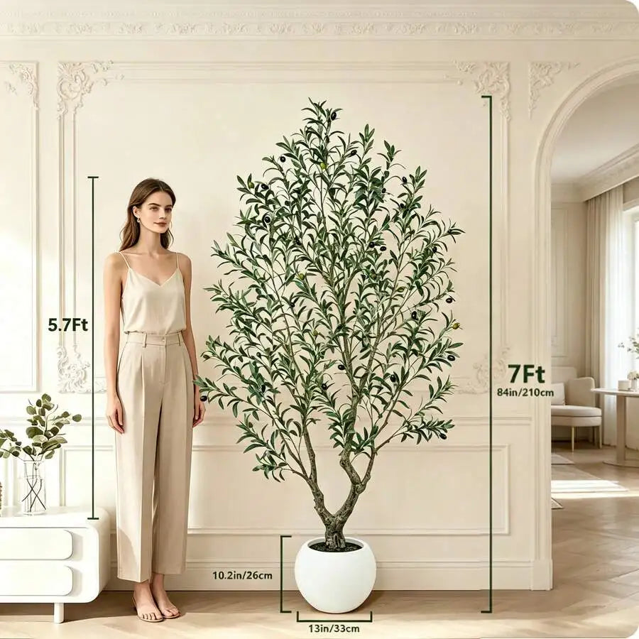 5/6/7/8FT Artificial Olive Tree With Decorative Planter, Faux Indoor Olive Tree With Natural Wood Trunk, PE Realistic Leaves And