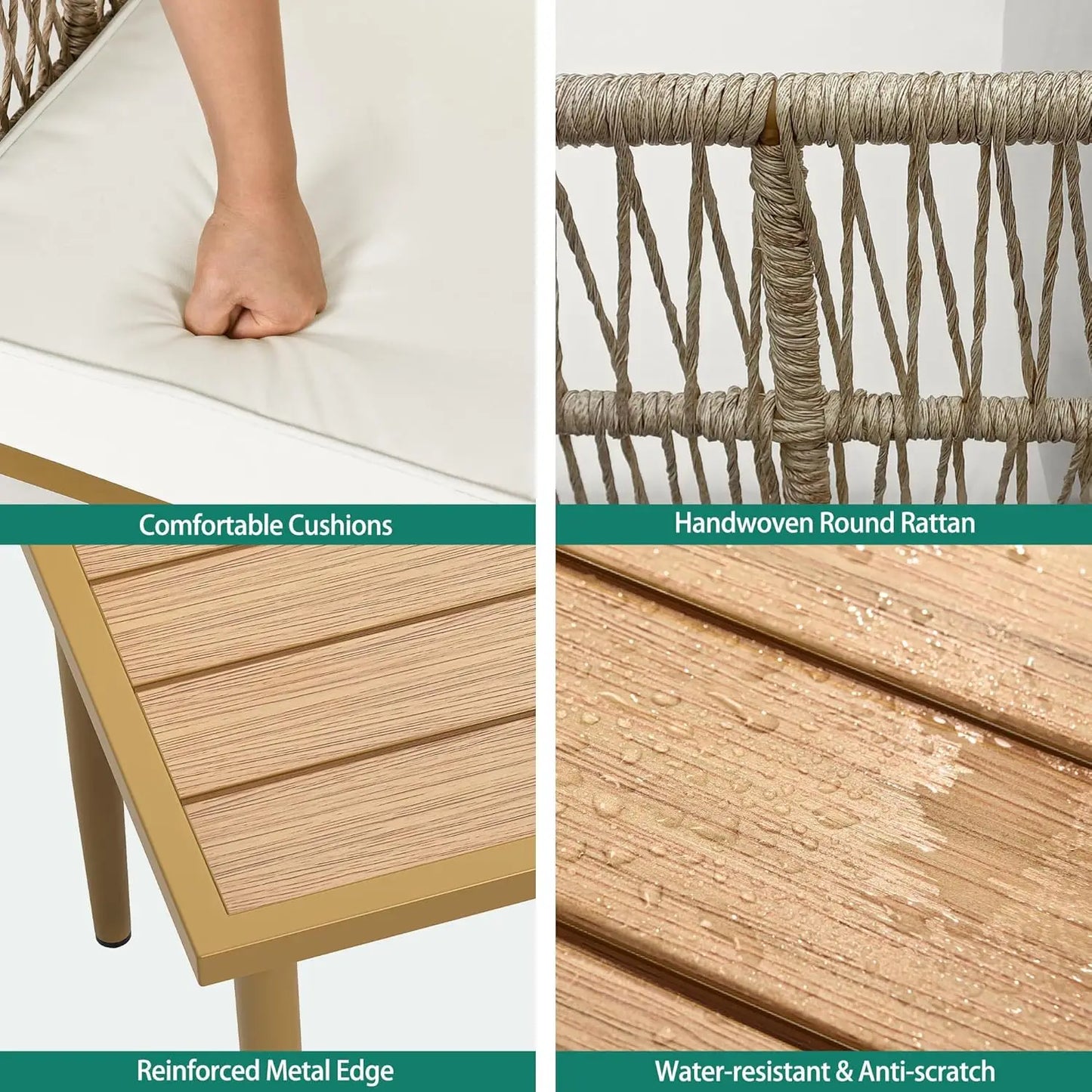 6-Piece Outdoor Rattan Sofa Set with Ottoman and Side Table, Boho Beige Patio Furniture for Backyard