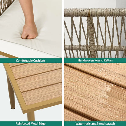 6-Piece Outdoor Rattan Sofa Set with Ottoman and Side Table, Boho Beige Patio Furniture for Backyard