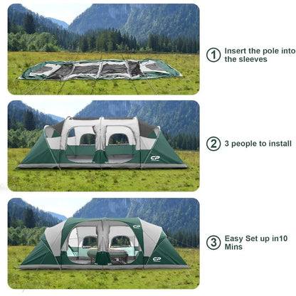 Tent 12PersonCampingTents3 Room Family Tents Waterproof Windproof Family Tent with Top Rainfly 6 Large Mesh Windows Double Laye