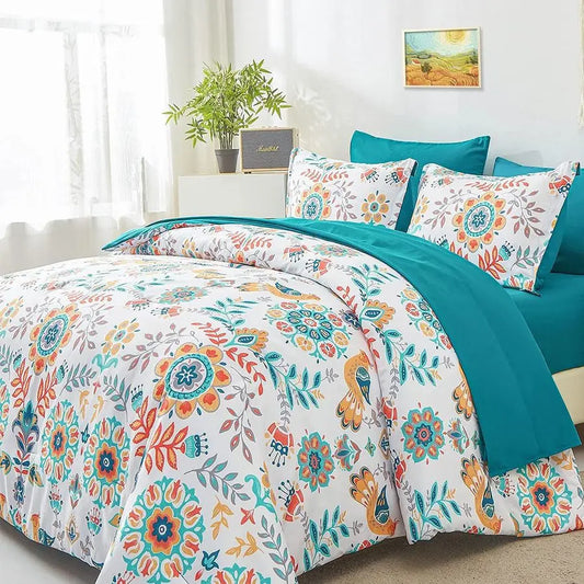 Boho Comforter Set Twin 5 Pieces Bed in a Bag Floral Medallions Design, Bohemian Comforter Set with Sheets, Soft Microfiber Comp