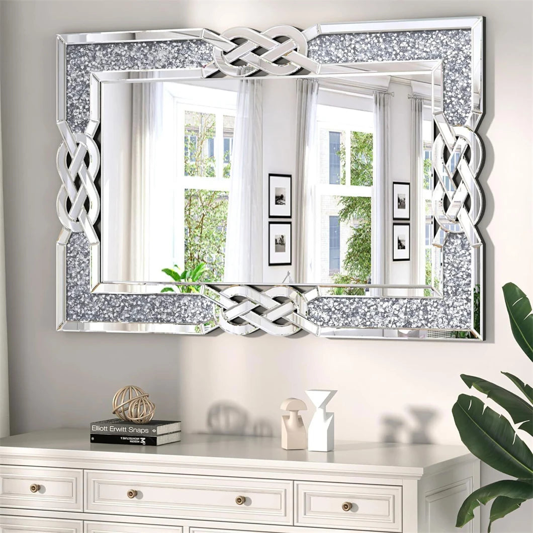 XL Large Crystal Crush Diamond Mirror Vanity Silver Decorative Wall Hang Mirror