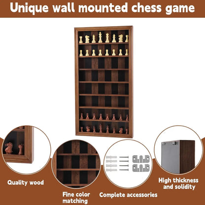 Giant Wall-Mounted Wooden Chess Game Set with Carved Pieces, Vertical Display Cabinet, Burnt Color Home Decor