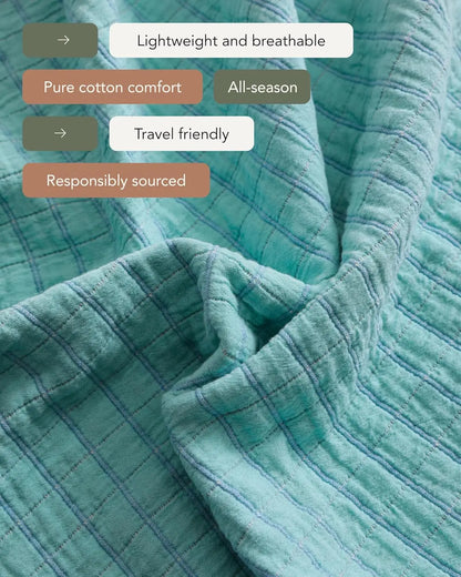 Summer Cotton Throw Blanket - 100% Breathable & Lightweight for Outdoor Picnics, Beach, Park - Machine Washable 60x80 Teal