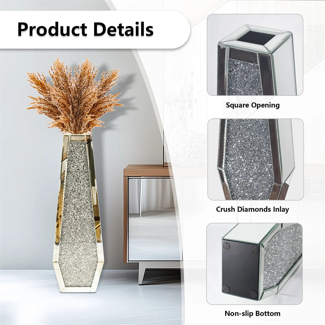 Luxury Floor Glass Vase Large Tall Stand Silver Crushed Diamond Floor Vase for Home Hotel Decorative