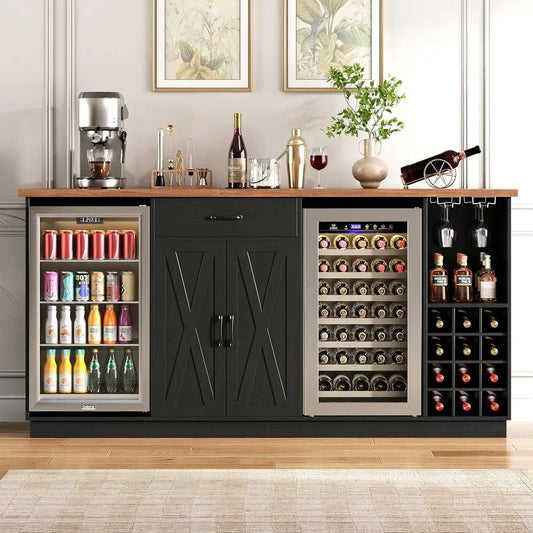 78.74" Large Coee Bar Cabinet with ridge Space, Mini ridge Cabinet with Storage, Liquor Cabinet with Wine Rack Glass Holder Powe