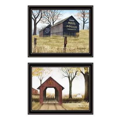 2-Piece Vignette Mail Pouch Barn & Buck County Bridge Black Framed Wall Art for Living Room & Bedroom Decor by Artist Billy