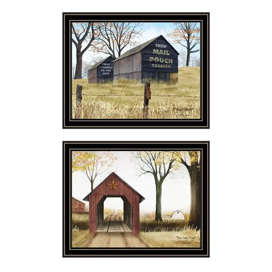 2-Piece Vignette Mail Pouch Barn & Buck County Bridge Black Framed Wall Art for Living Room & Bedroom Decor by Artist Billy