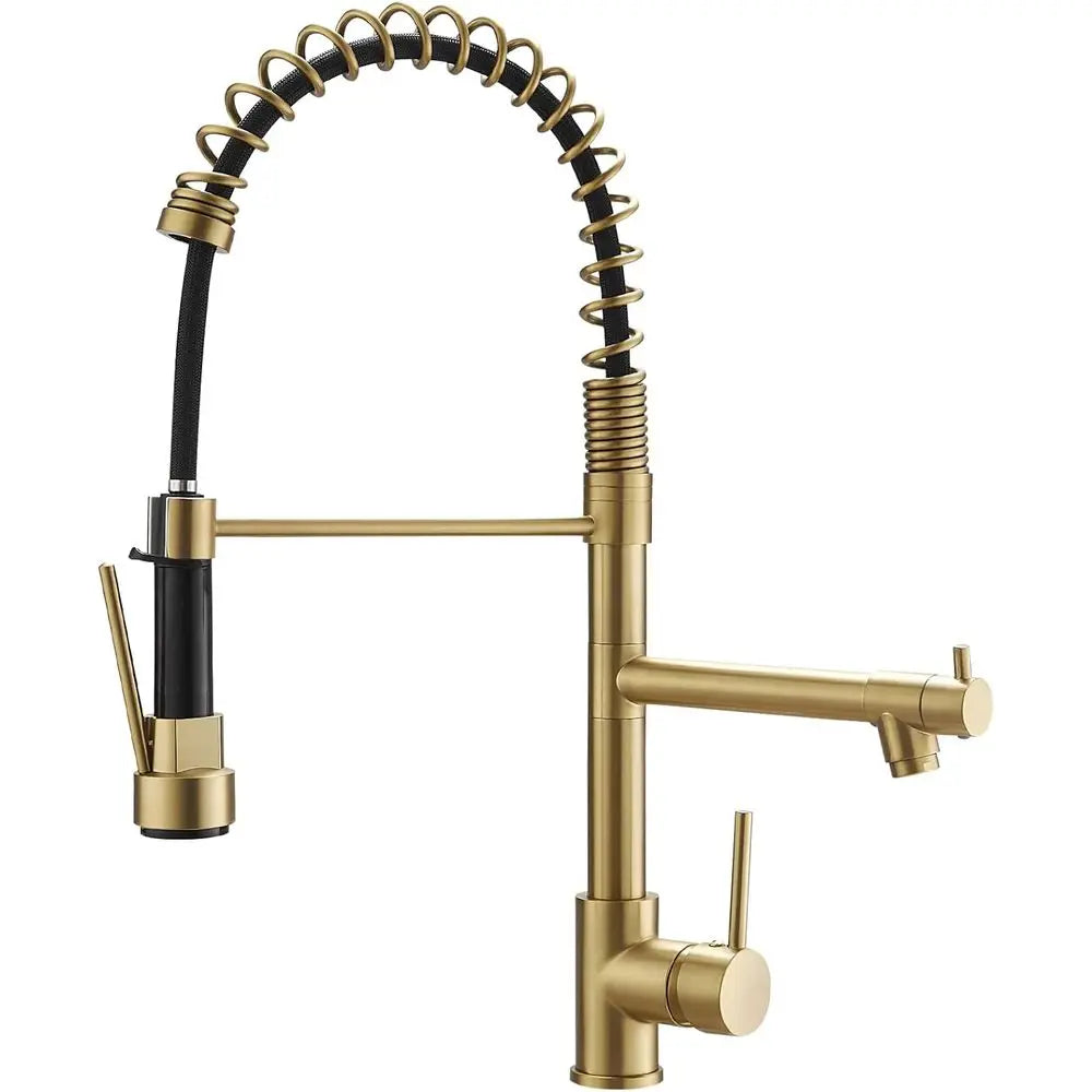 Brushed Gold Kitchen Faucet with Pull Down Sprayer, Commercial Gold Kitchen Sink Faucet Single Handle Spring Two Nozzles Faucets