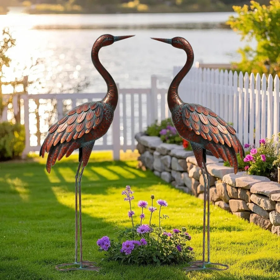 2PCS Garden Crane Statues Outdoor Sculptures Metal Yard Art Statue for Garden Decoration Large Size Set of 2