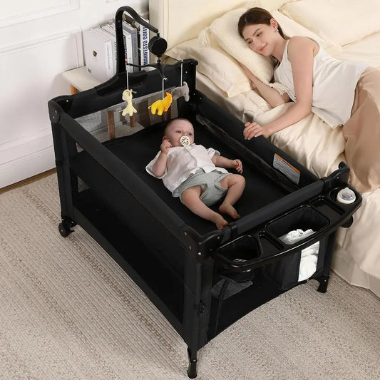 5-in-1 Portable Baby Playard: Crib, Bassinet, Bedside Sleeper, Changing Table & Playpen with Breathable Mesh for Newborns to Tod