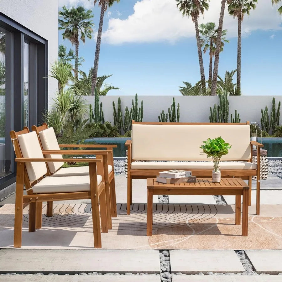 Outdoor Patio Furniture 4 Piece Bistro Sofa Set with Coffee Table and Loveseat Acacia Wood Conversation Sets with Cushi
