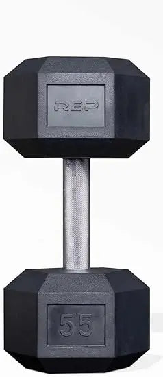 Rep Fitness Rubber Hex Dumbbell Sets - Single Weights Over 55lbs and Pairs from 5lbs to 50lbs - Low Odor, Fully Knurled Grips